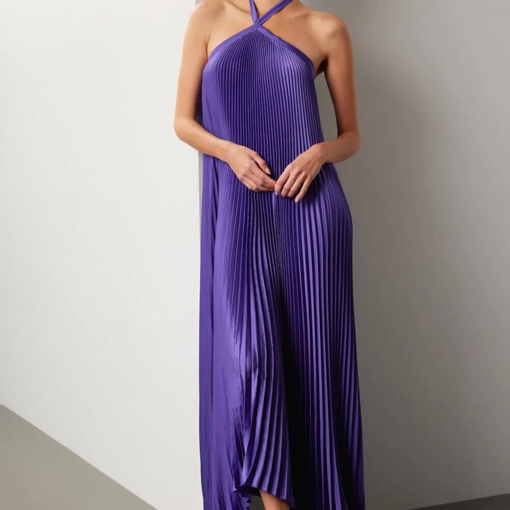 L'Idee Purple High Neck Pleated Maxi Dress